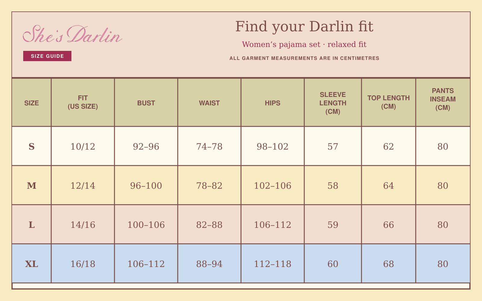 She's Darlin pajama size chart